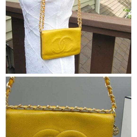 AUTHENTIC CHANEL VINTAGE YELLOW CAVIAR LEATHER TIMELESS WALLET CROSSBODY - Picture 14 of 15